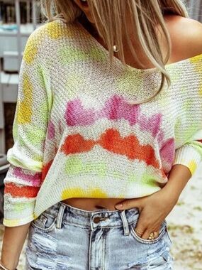 POL Off Shoulder Boho Lightweight Cropped Multicolor Tie-Dye Knit Sweater Size L